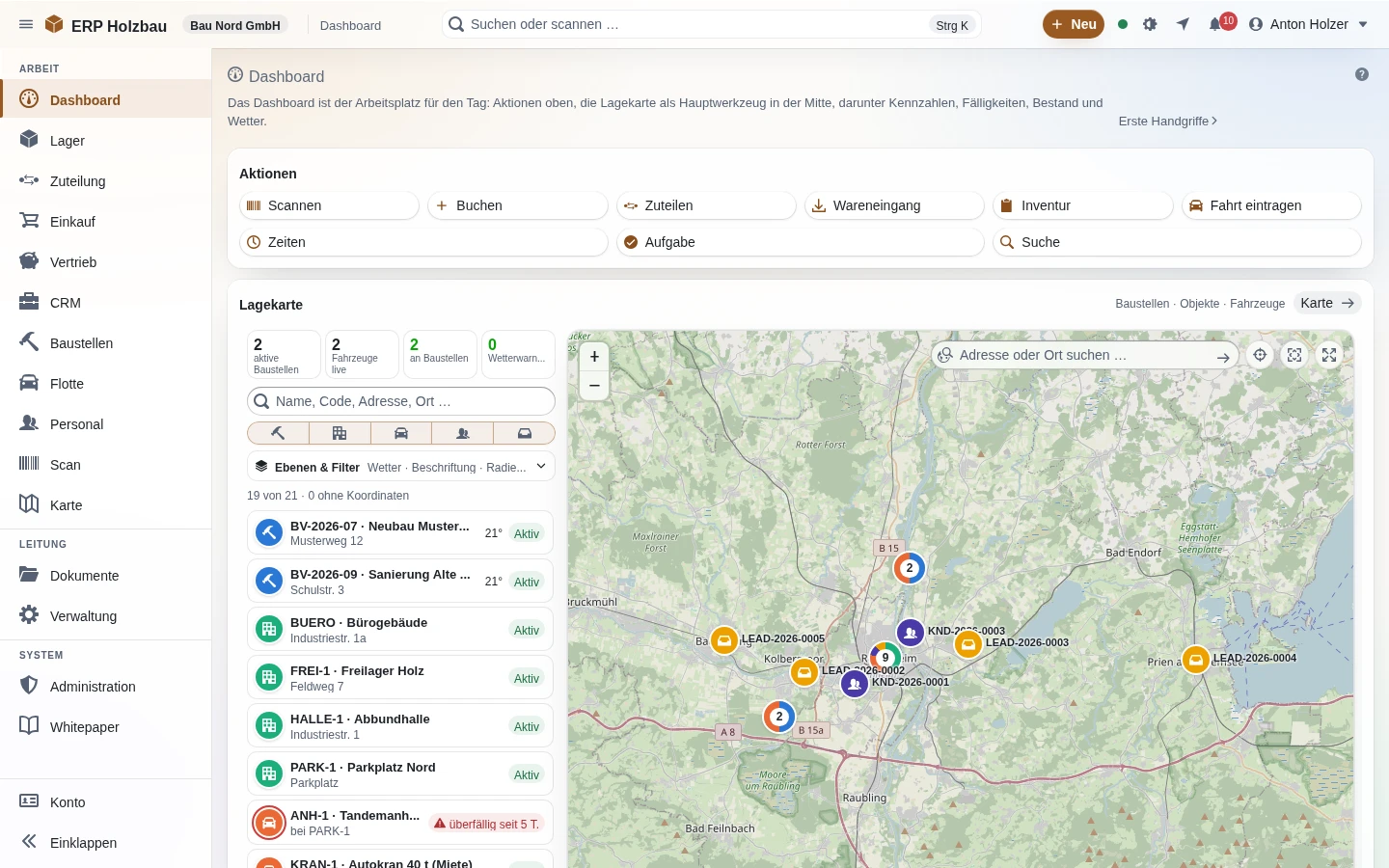 Bildschirm aus ERP Holzbau: Dashboard